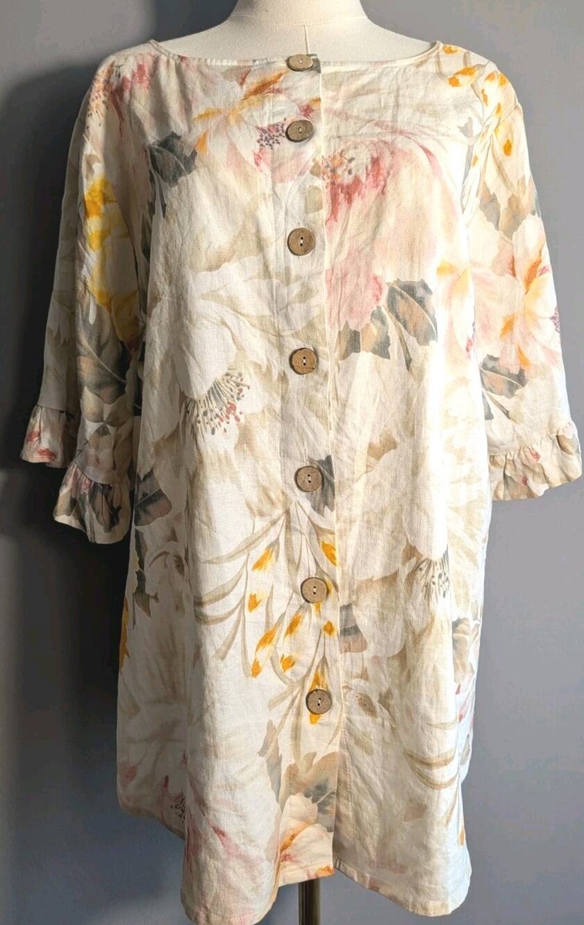 Studio Curve Floral Linen Blend Tunic Top Size 20 Cream Button Front 3/4 Sleeve